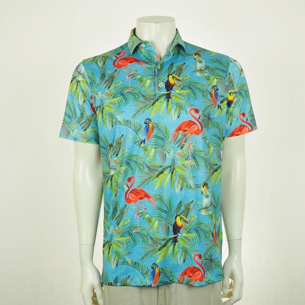 Johnnie-O Golf Polo Shirt Mens Small Blue Floral Flamingo Parrots Tropical Birds